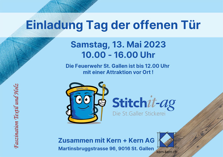 Flyer Tag der offenen Tuer Stitchit 13 05 2023 Stitchit AG - Die St. Galler Stickerei